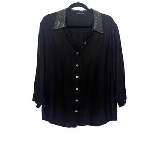 Cut Loose Black 100% Linen Sequins Collar Button Front Shirt Women’s Sz Large